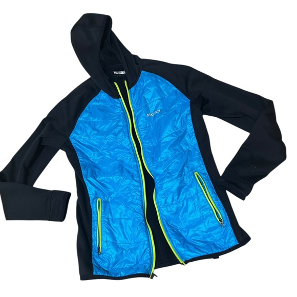 Marmot Variant turquoise, chartreuse, & Black Hooded puffer zip up Jacket large - Picture 5 of 12